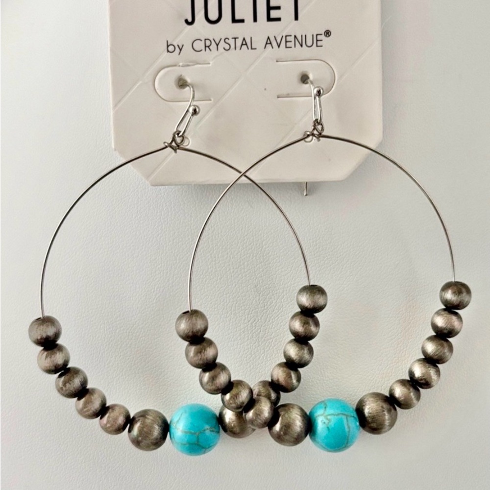 Juliet Slvertone Hoop,faux turquoise & metallic gray fish hook drop